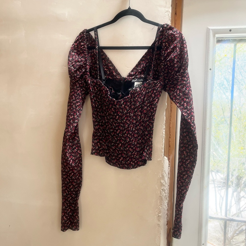 Dolce & Gabbana Floral Silk Long Sleeve Corset with Boning and Built-in Bra